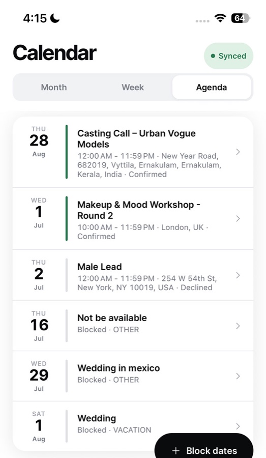 StarAgent talent app calendar - agenda view showing confirmed bookings and blocked dates